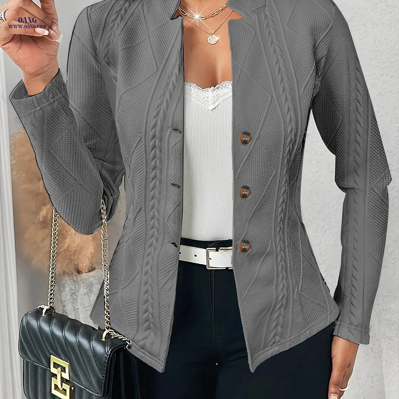 Elegant Textured Fabric Waist-Cinching Blazer - Buttoned Style   OAXG Rose Red / M