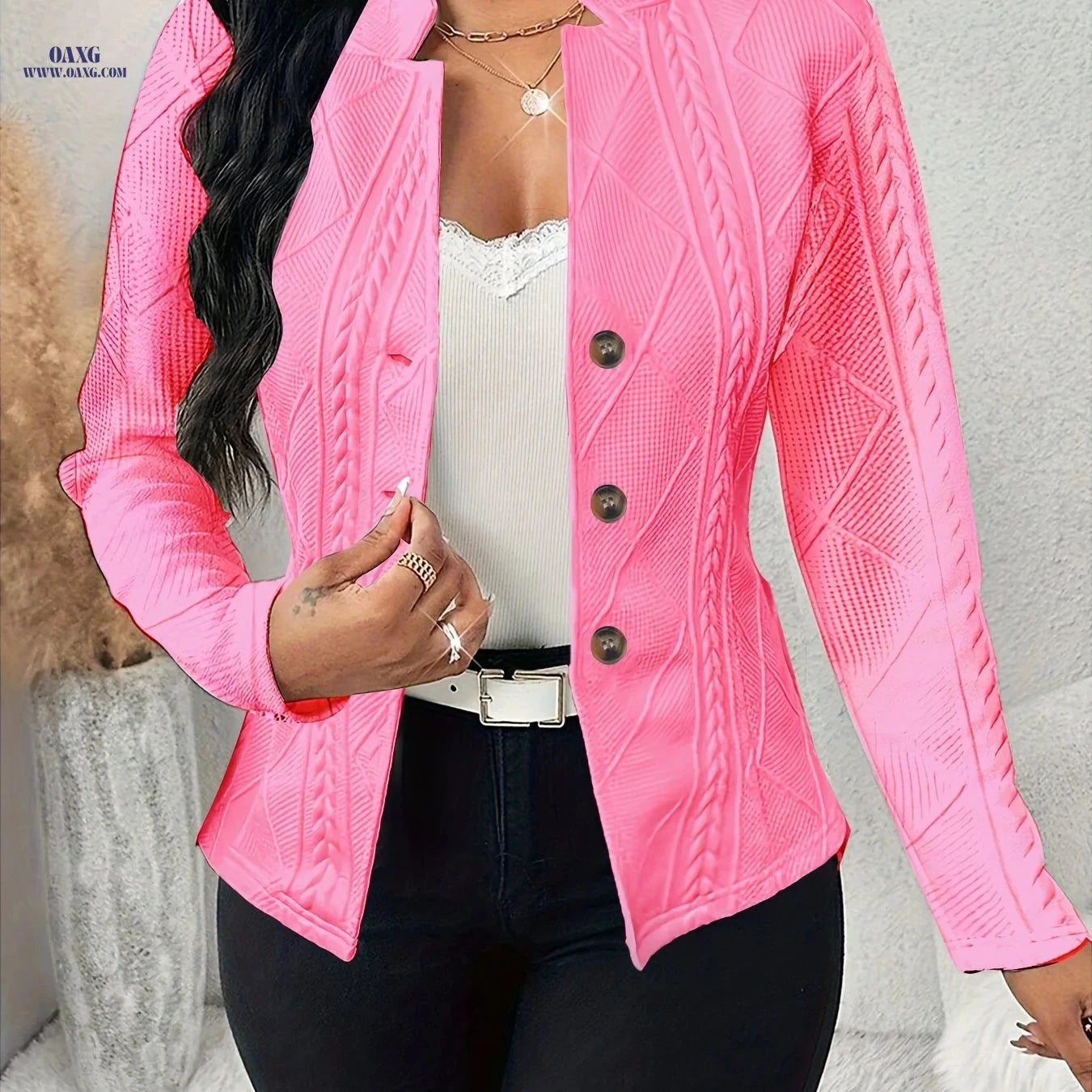 Elegant Textured Fabric Waist-Cinching Blazer - Buttoned Style   OAXG Rose Red / M
