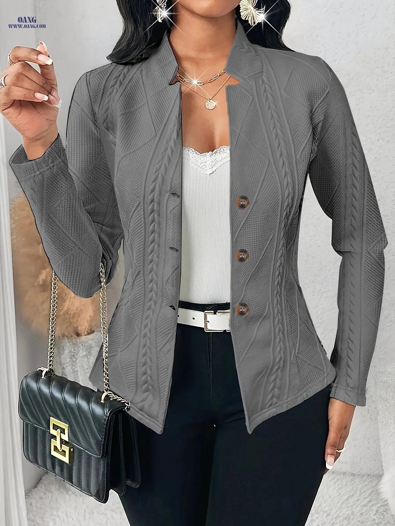 Elegant Textured Fabric Waist-Cinching Blazer - Buttoned Style   OAXG Rose Red / M