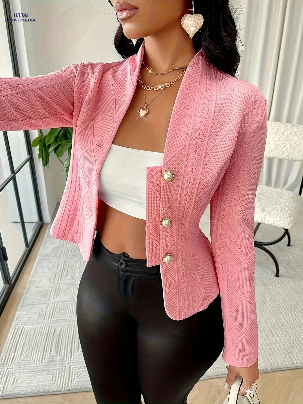 Elegant Textured Single-Breasted Coat - Autumn Winter Style   OAXG Pink / S