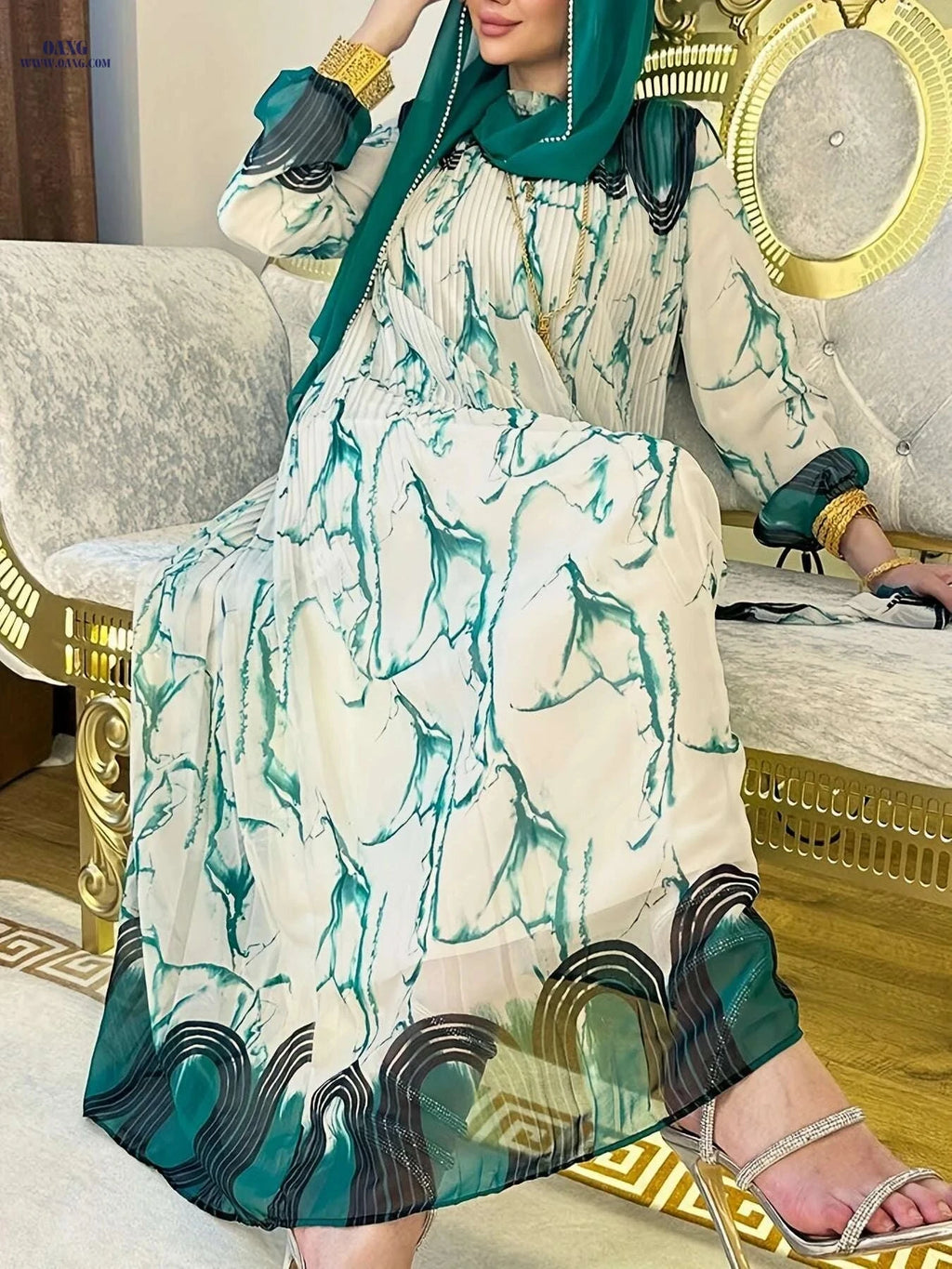 Elegant Tie Dye Print Kaftan Dress - Long Sleeve Loose Fit Maxi   OAXG 