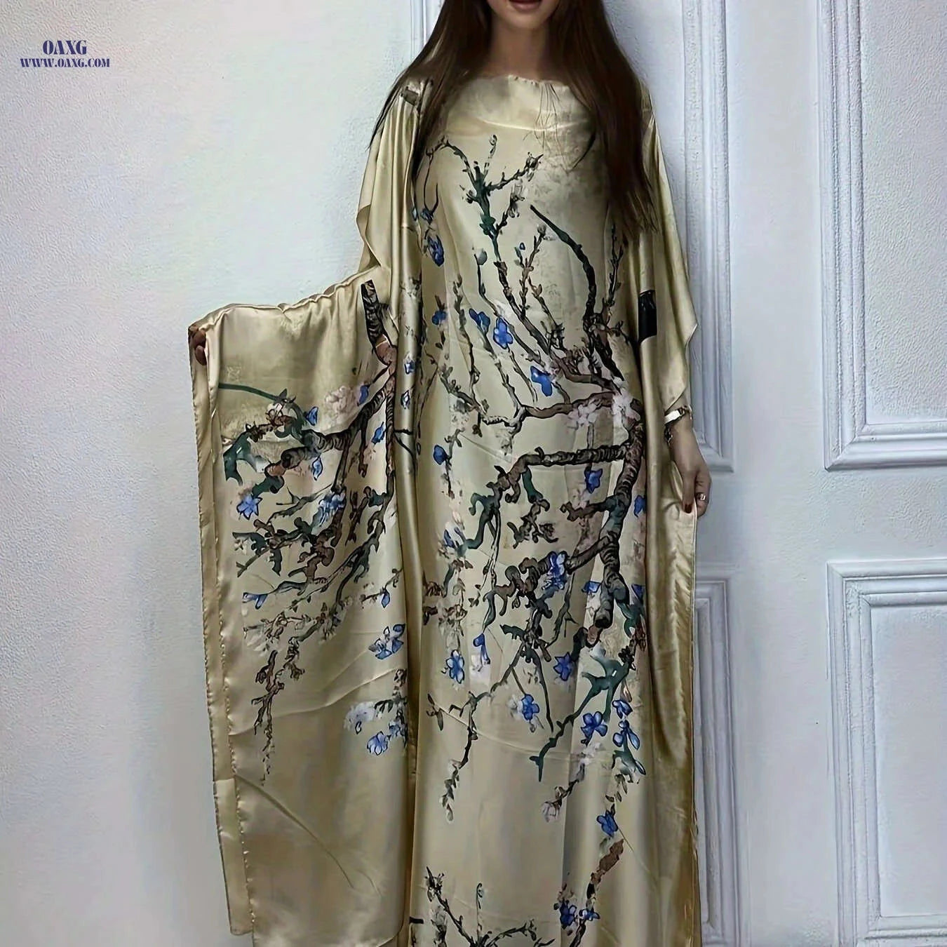 Elegant Tree Print Crew Neck Kaftan Dress - Batwing Sleeve Maxi   OAXG 