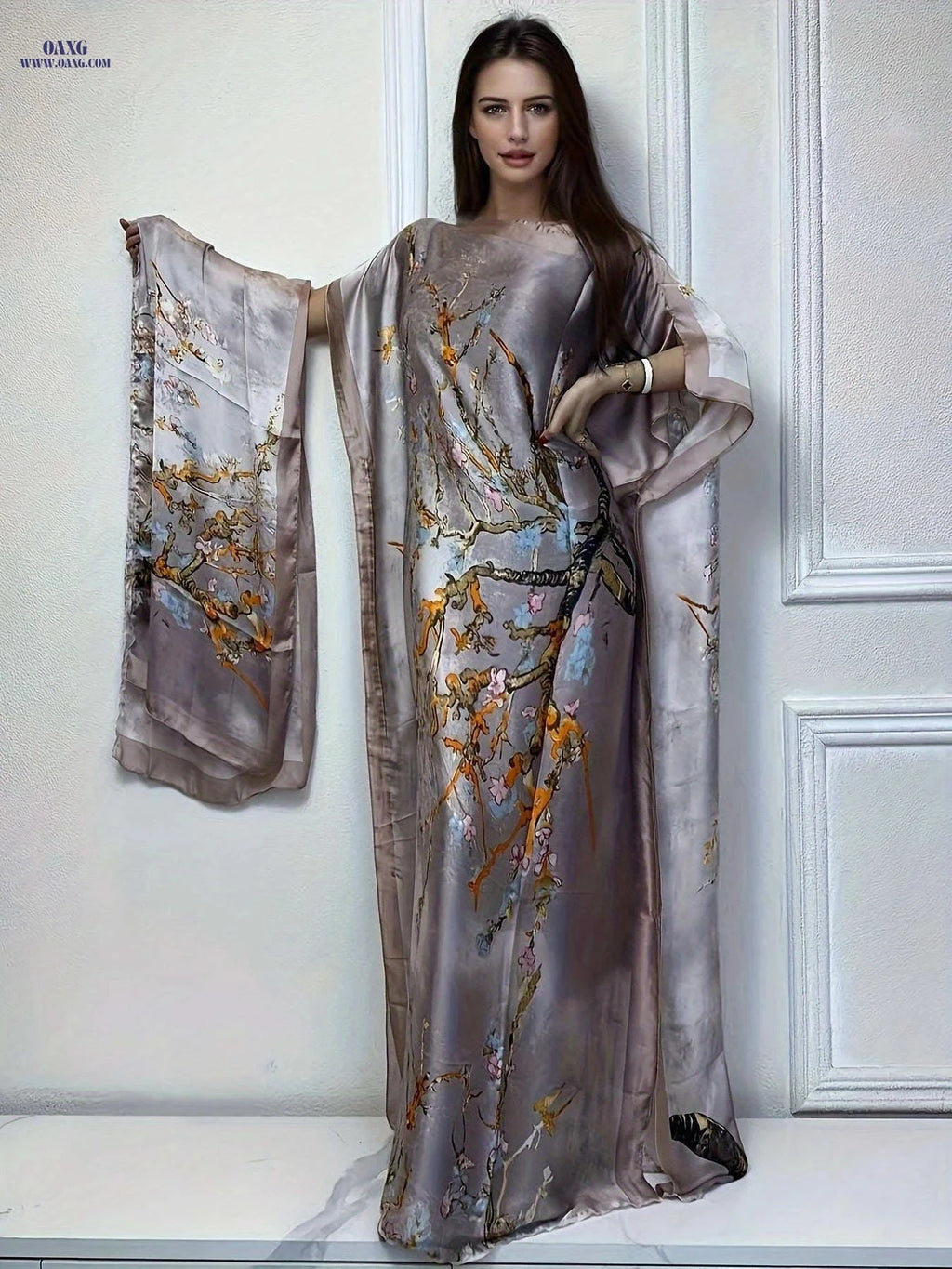 Elegant Tree Print Crew Neck Kaftan Dress - Batwing Sleeve Maxi   OAXG 