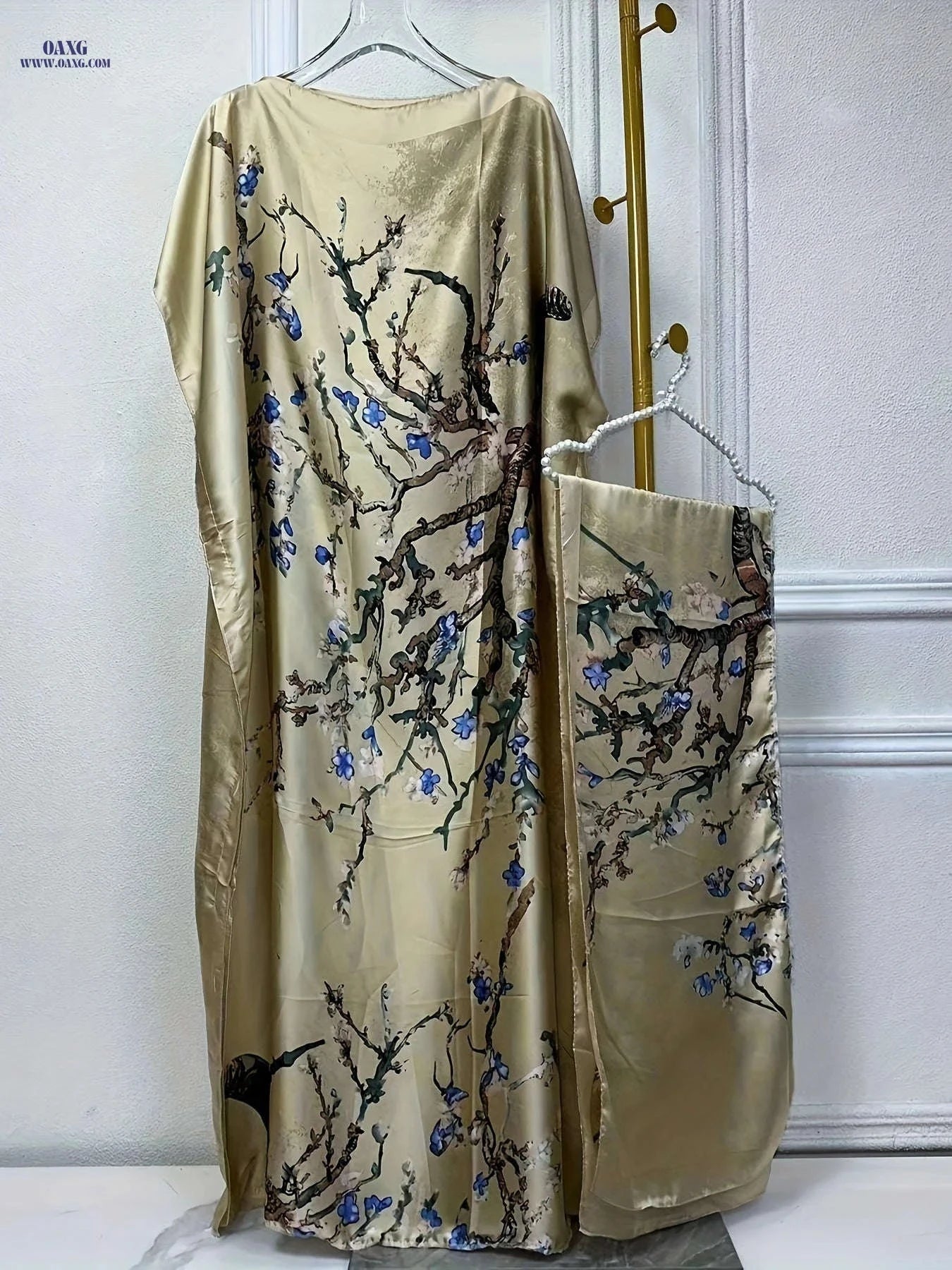 Elegant Tree Print Crew Neck Kaftan Dress - Batwing Sleeve Maxi   OAXG Light Purple / One-size