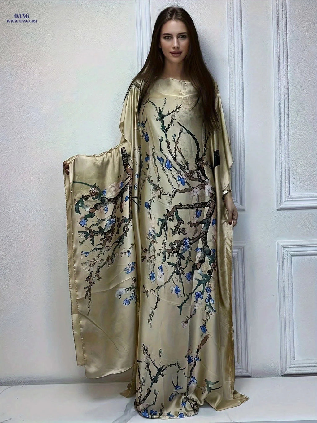 Elegant Tree Print Crew Neck Kaftan Dress - Batwing Sleeve Maxi   OAXG Light Purple / One-size