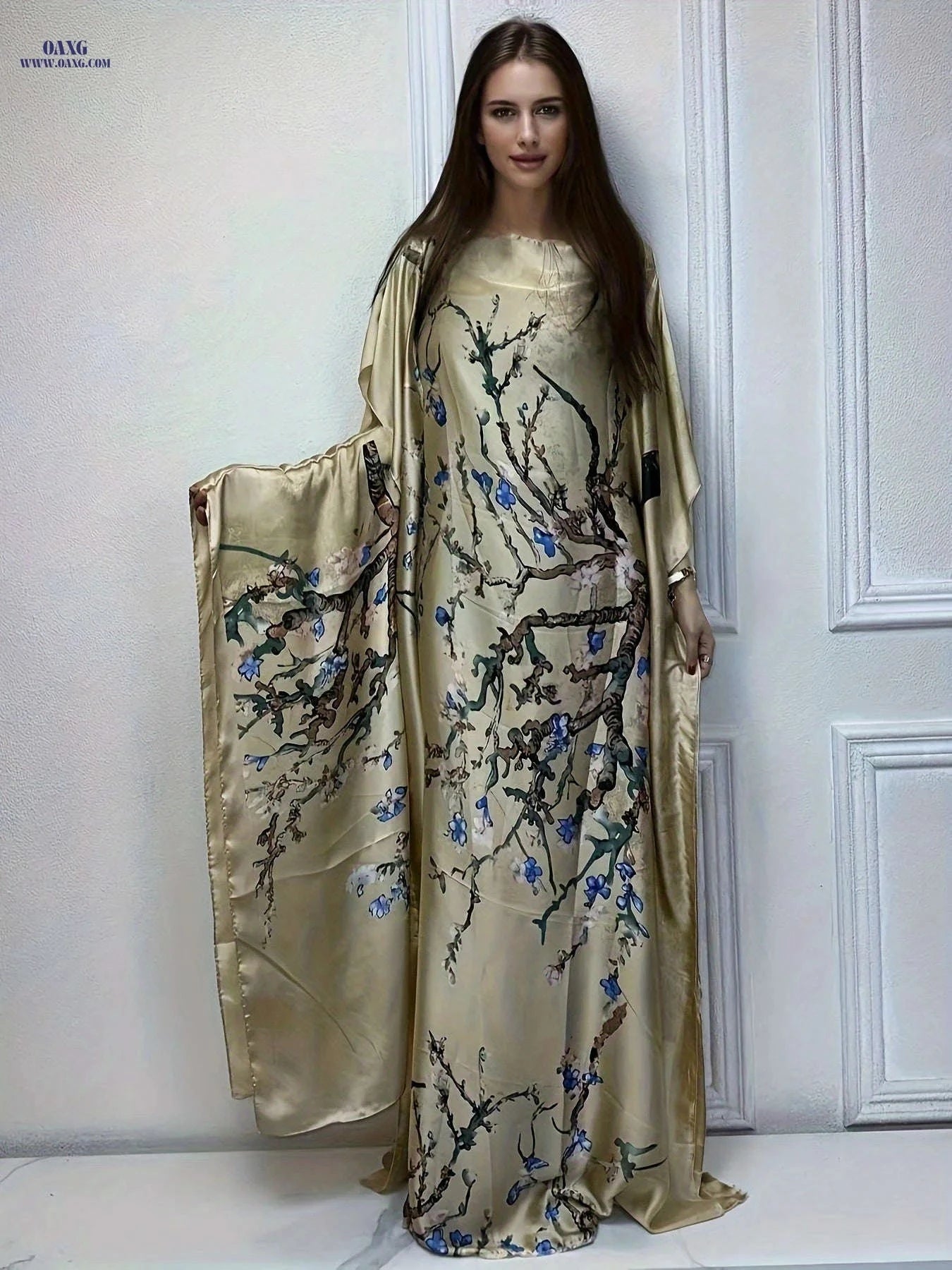Elegant Tree Print Crew Neck Kaftan Dress - Batwing Sleeve Maxi   OAXG Light Purple / One-size