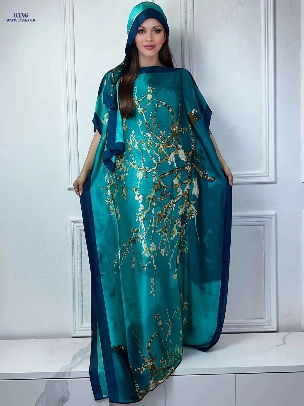 Elegant Tree Print Crew Neck Kaftan Dress - Batwing Sleeve Maxi   OAXG Light Purple / One-size