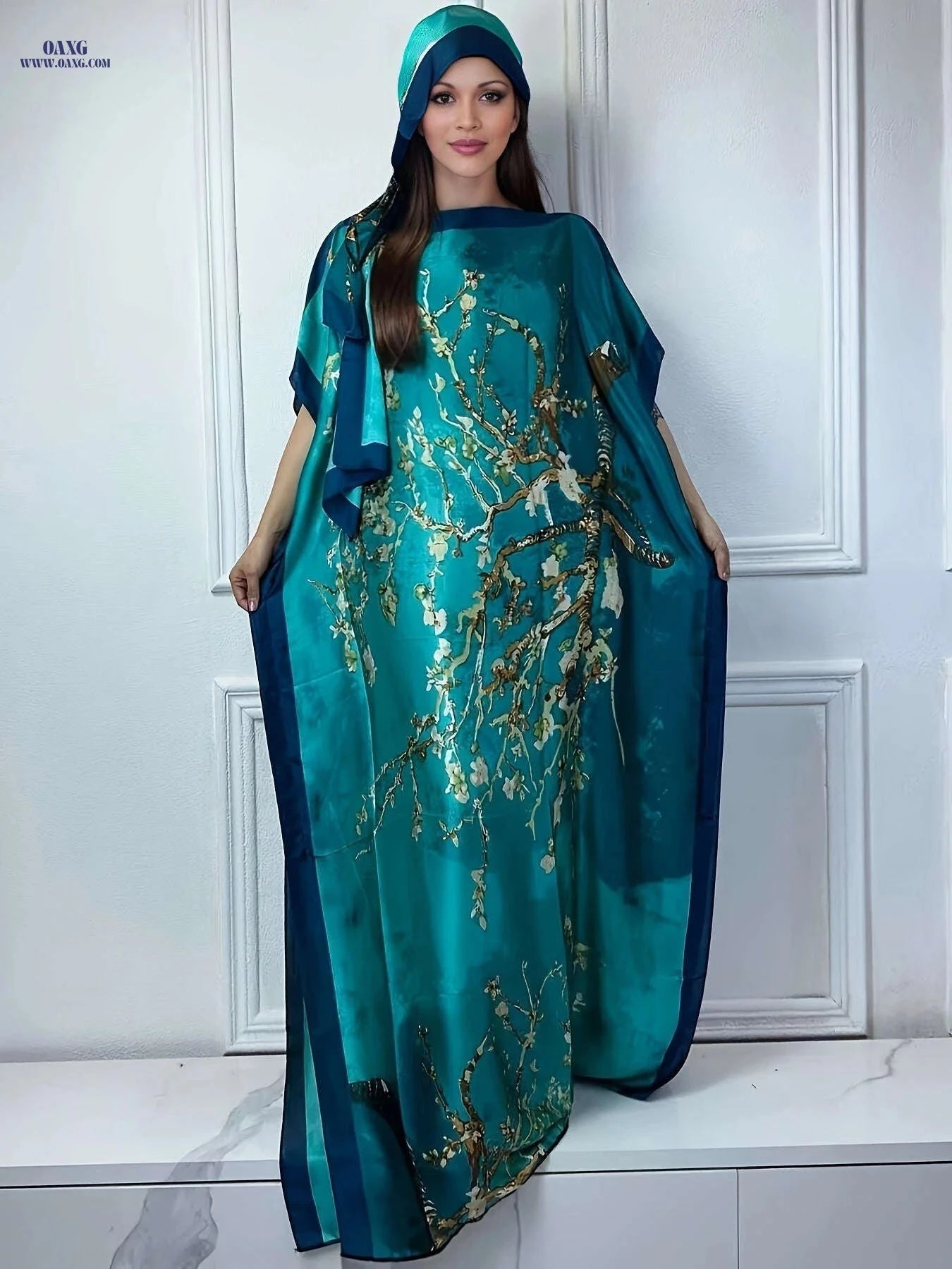 Elegant Tree Print Crew Neck Kaftan Dress - Batwing Sleeve Maxi   OAXG Light Purple / One-size