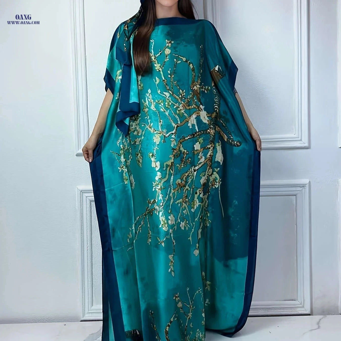 Elegant Tree Print Crew Neck Kaftan Dress - Batwing Sleeve Maxi   OAXG Light Purple / One-size