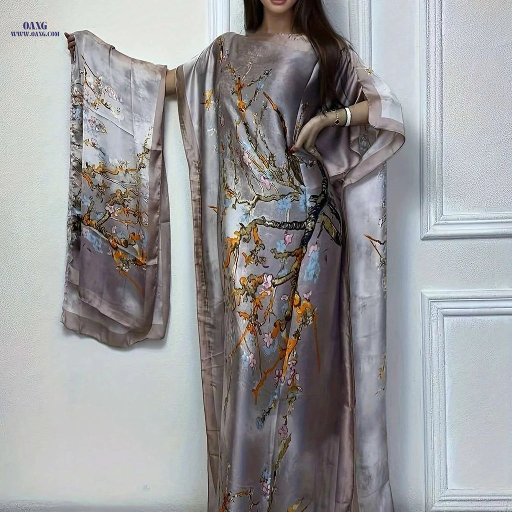 Elegant Tree Print Crew Neck Kaftan Dress with Batwing Sleeves   OAXG Light Purple / One-size