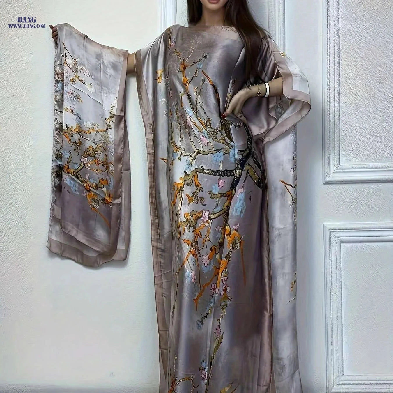 Elegant Tree Print Crew Neck Kaftan Dress with Batwing Sleeves   OAXG Light Purple / One-size