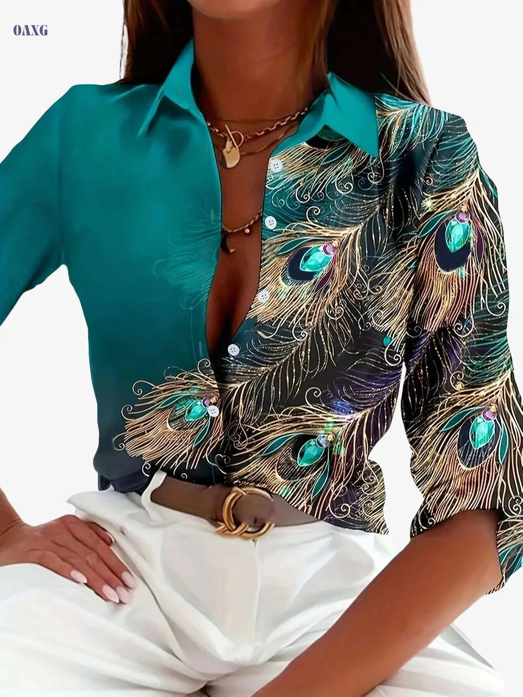 Elegant Turquoise Peacock Print Blouse - Women’s Button-Up Shirt   OAXG 