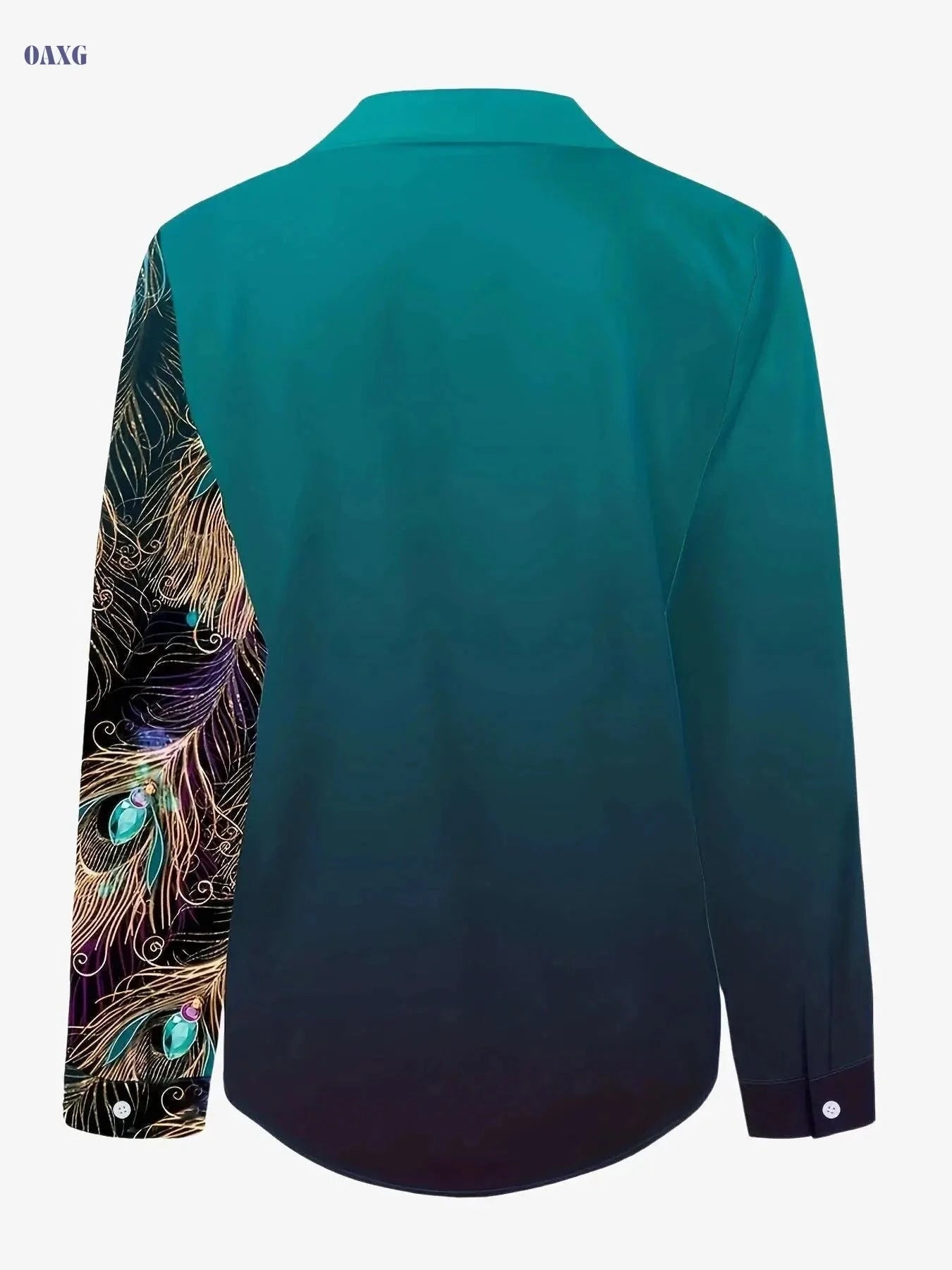 Elegant Turquoise Peacock Print Blouse - Women’s Button-Up Shirt   OAXG 