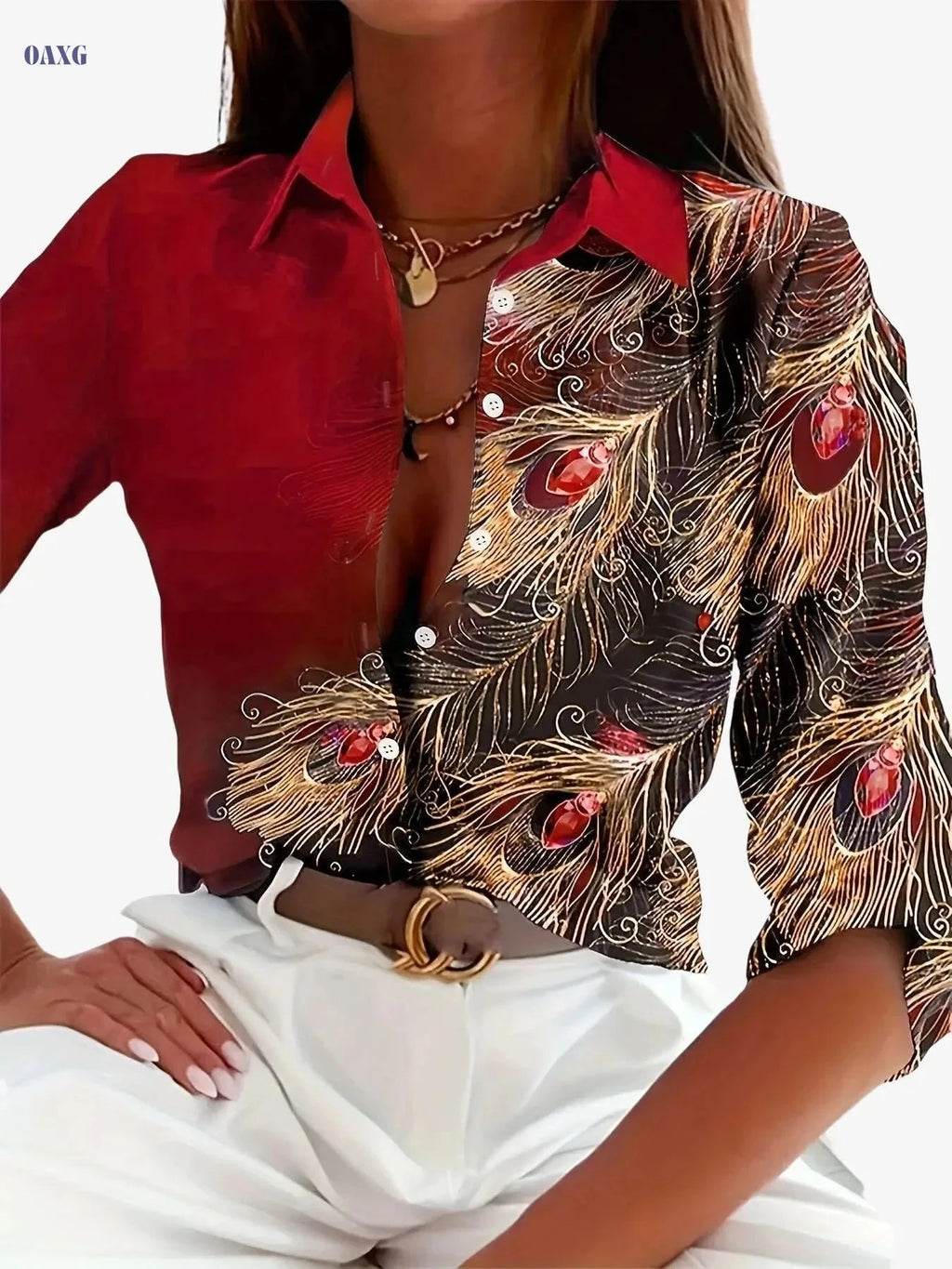 Elegant Turquoise Peacock Print Blouse - Women’s Button-Up Shirt   OAXG 