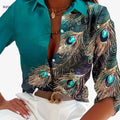 Elegant Turquoise Peacock Print Blouse - Women’s Button-Up Shirt   OAXG Mixed Color / S
