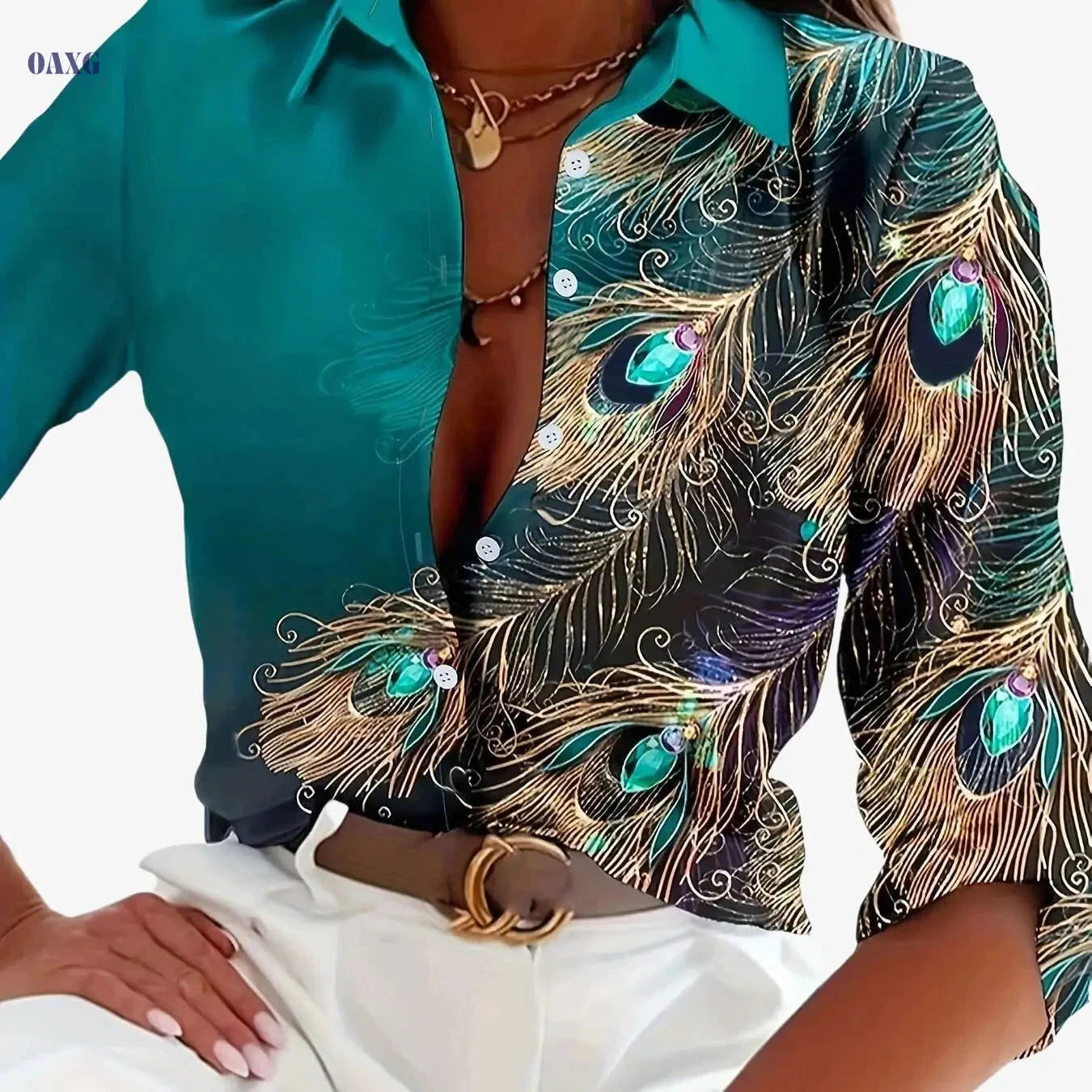 Elegant Turquoise Peacock Print Blouse - Women’s Button-Up Shirt   OAXG Mixed Color / S
