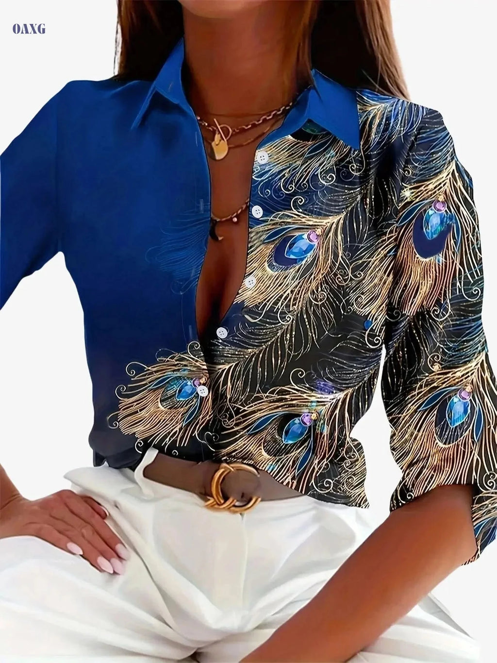 Elegant Turquoise Peacock Print Blouse - Women’s Button-Up Shirt   OAXG Mixed Color / S