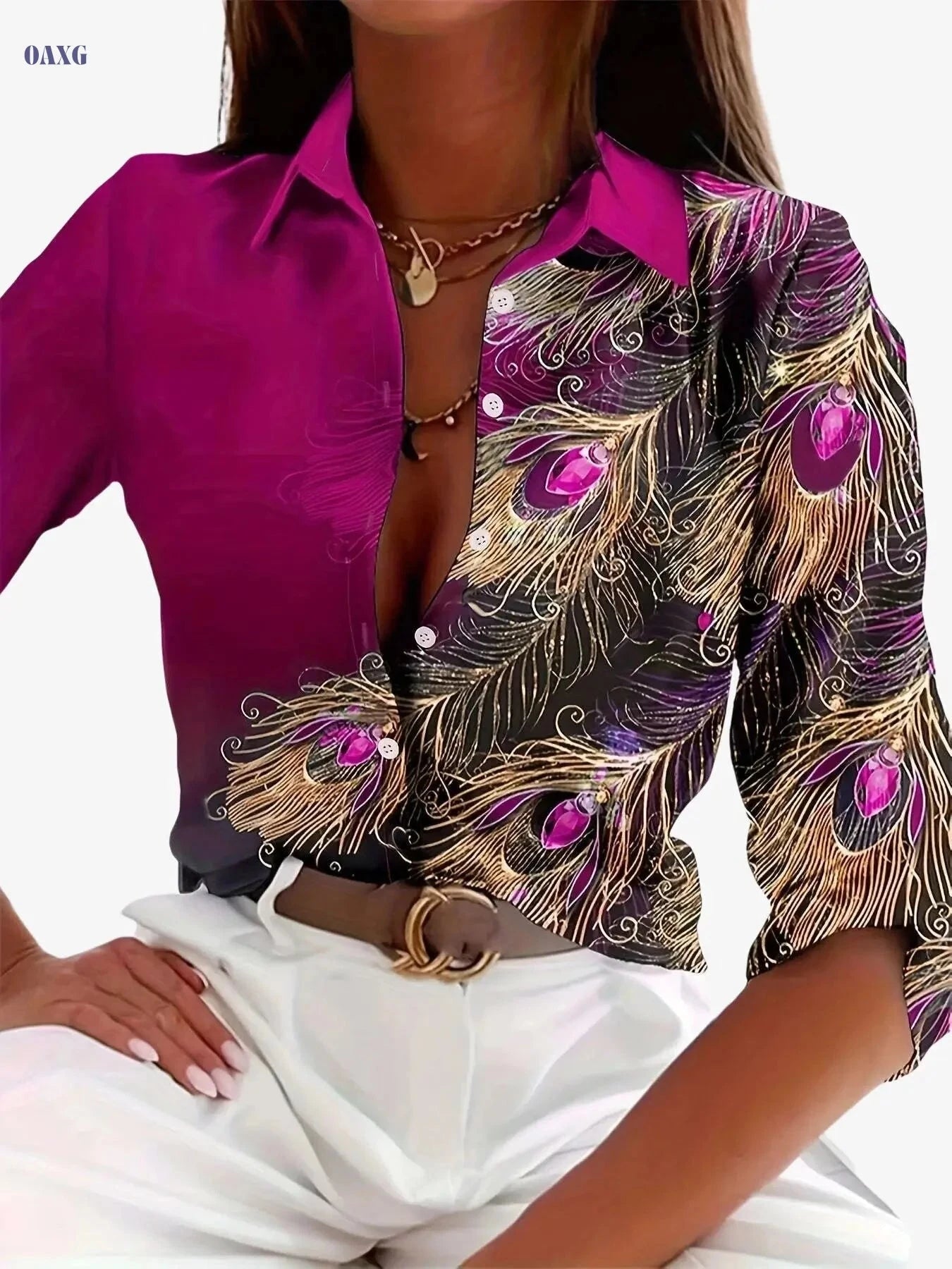 Elegant Turquoise Peacock Print Blouse - Women’s Button-Up Shirt   OAXG Mixed Color / S