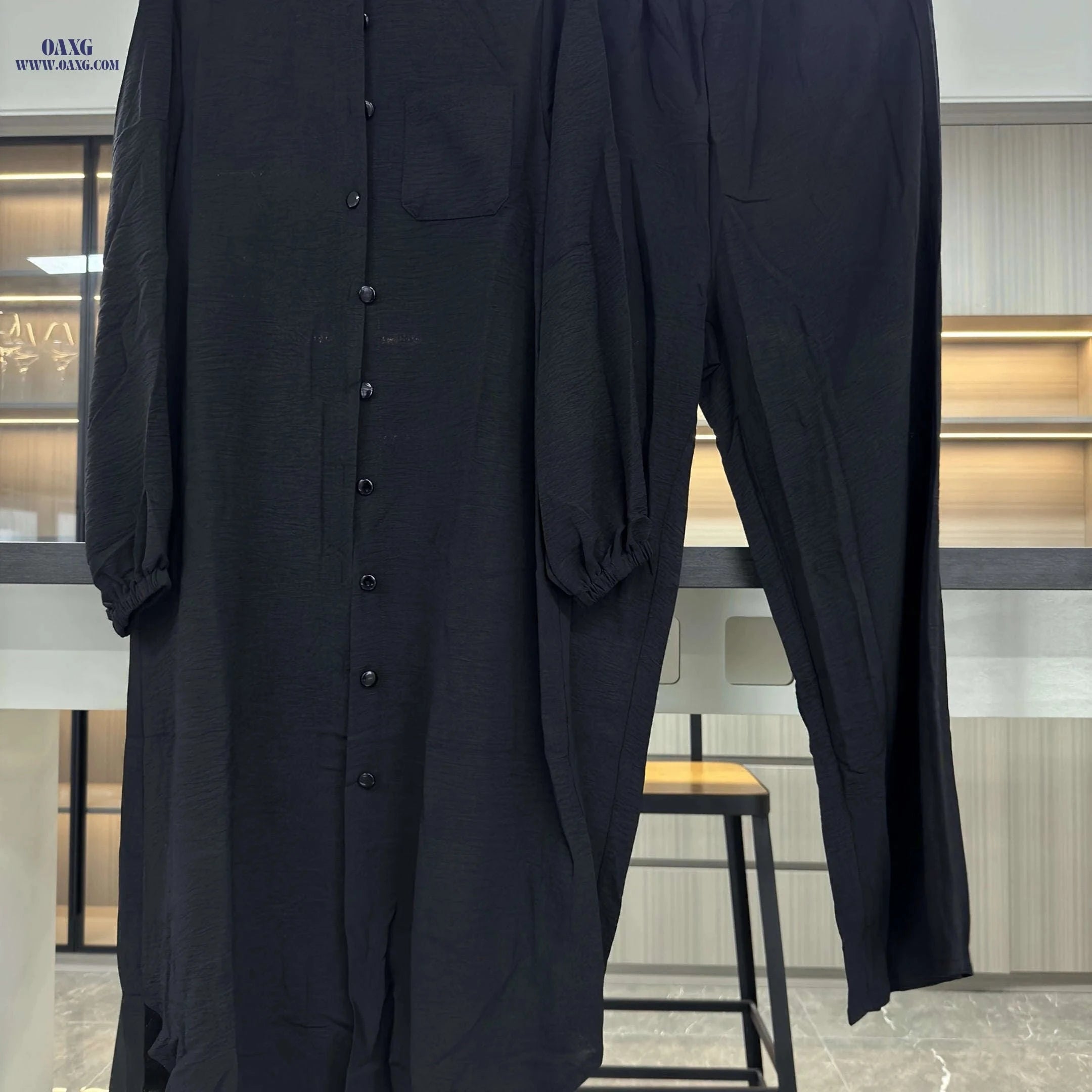 Elegant Two-Piece Abaya Set for Women - Long Sleeve, Wide-Leg Pants   OAXG 