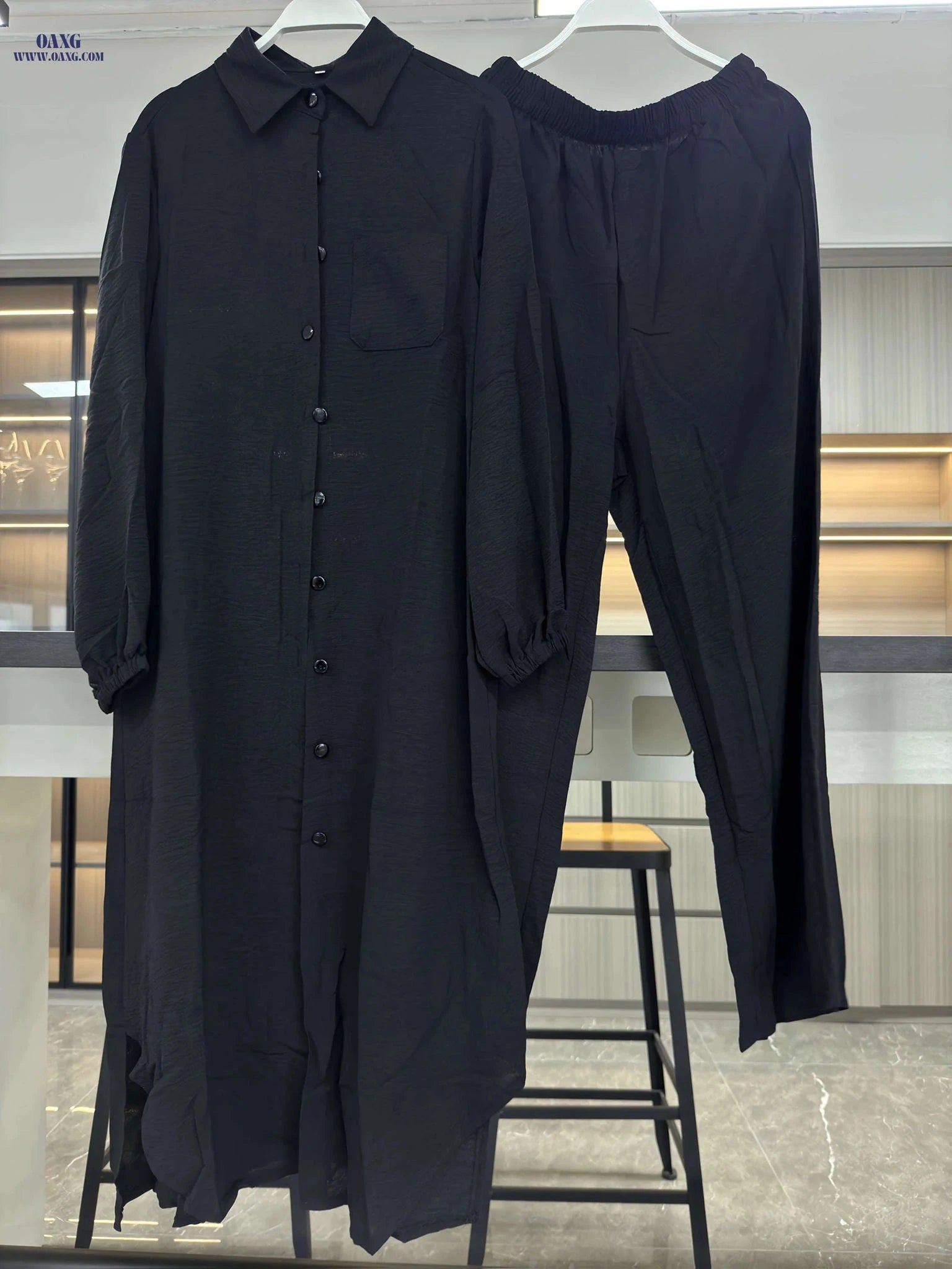 Elegant Two-Piece Abaya Set for Women - Long Sleeve, Wide-Leg Pants   OAXG 