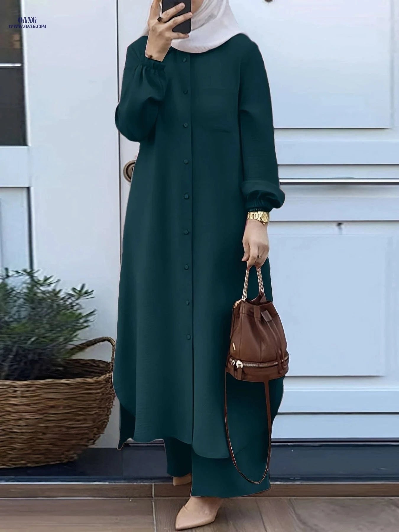 Elegant Two-Piece Abaya Set for Women - Long Sleeve, Wide-Leg Pants   OAXG 
