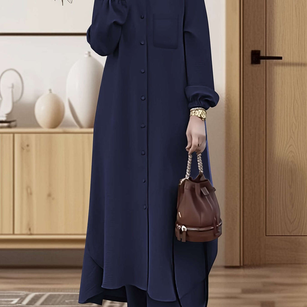 Elegant Two-Piece Abaya Set for Women - Long Sleeve, Wide-Leg Pants   OAXG 