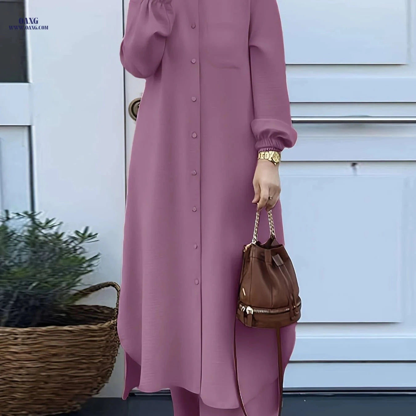 Elegant Two-Piece Abaya Set for Women - Long Sleeve, Wide-Leg Pants   OAXG 