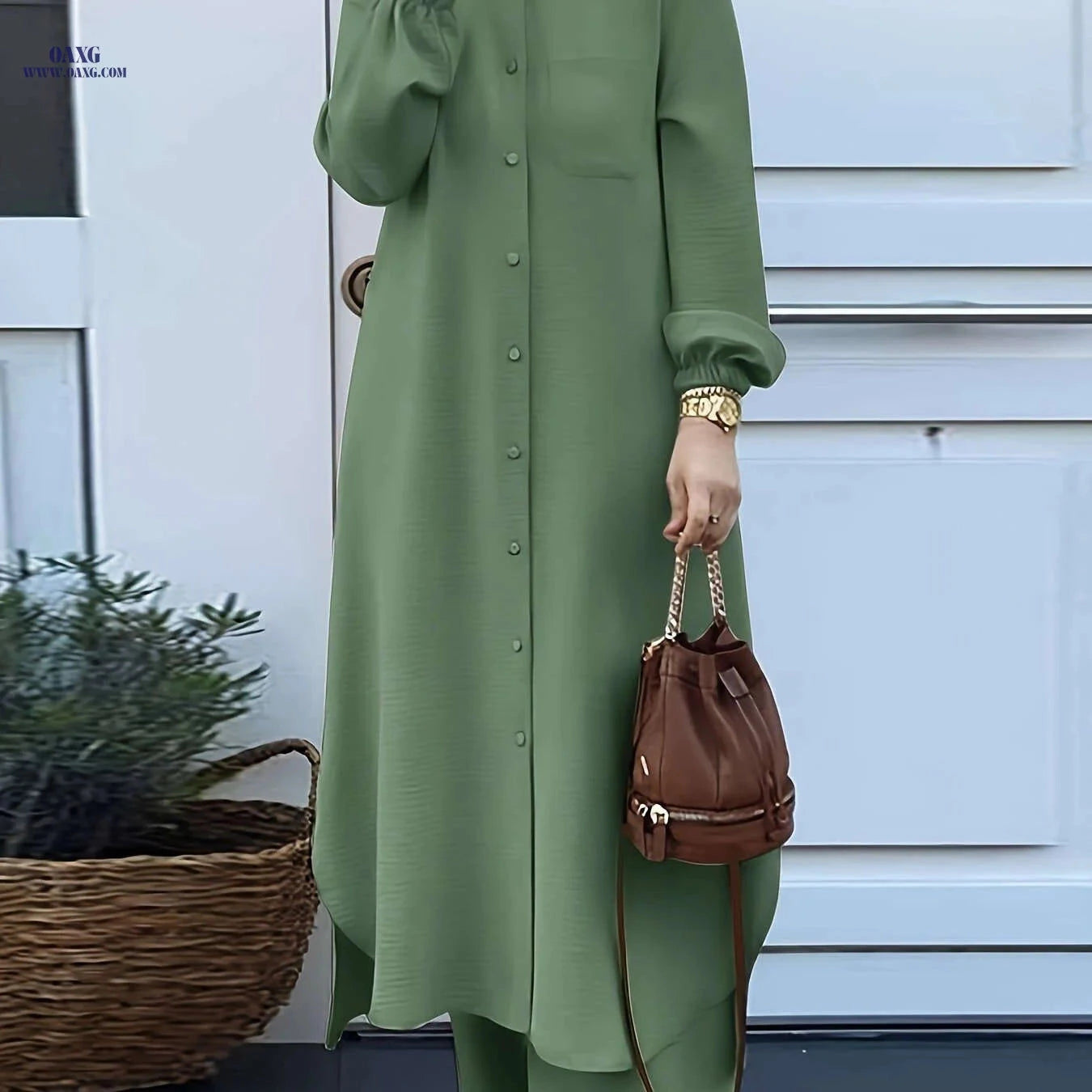 Elegant Two-Piece Abaya Set for Women - Long Sleeve, Wide-Leg Pants   OAXG 