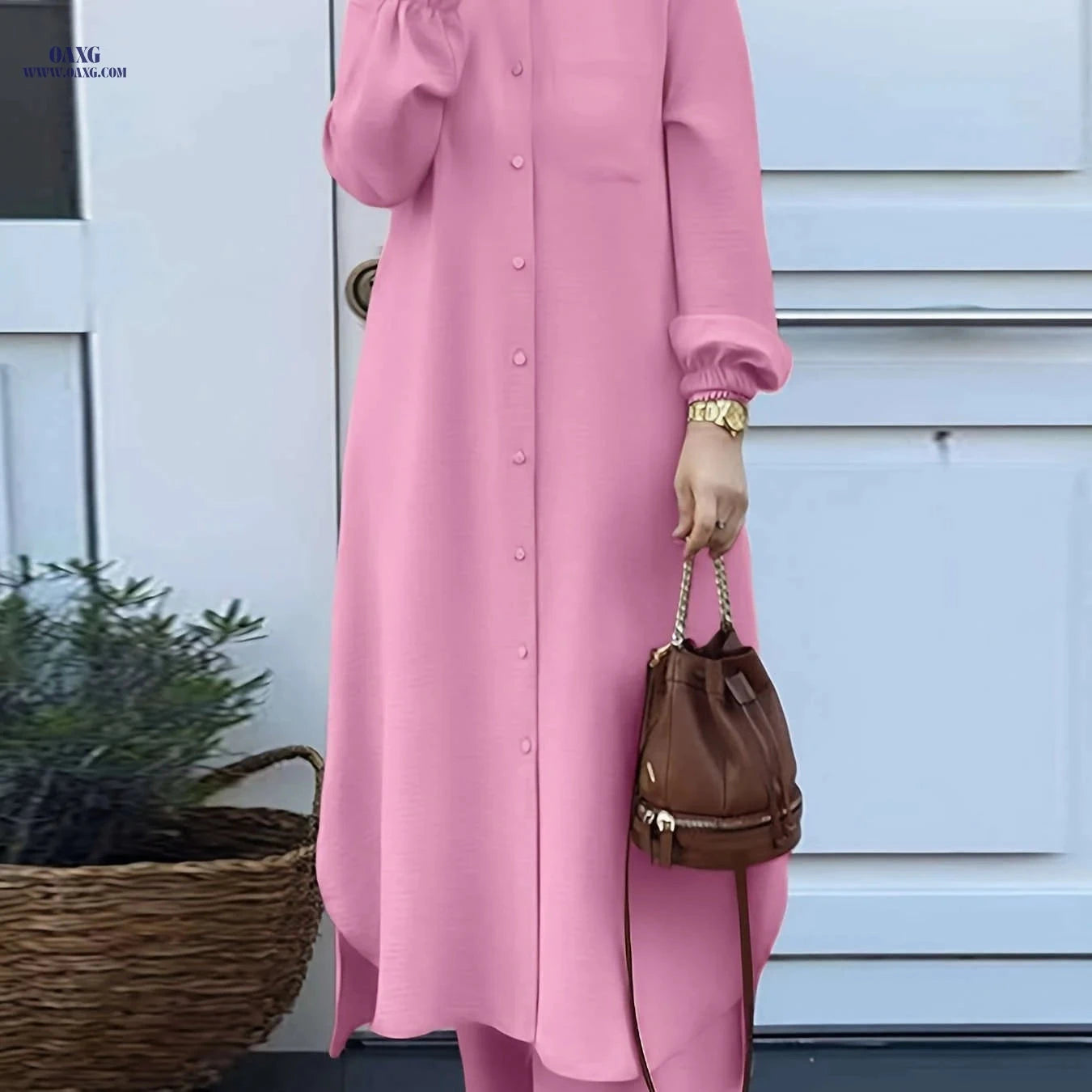 Elegant Two-Piece Abaya Set for Women - Long Sleeve, Wide-Leg Pants   OAXG 