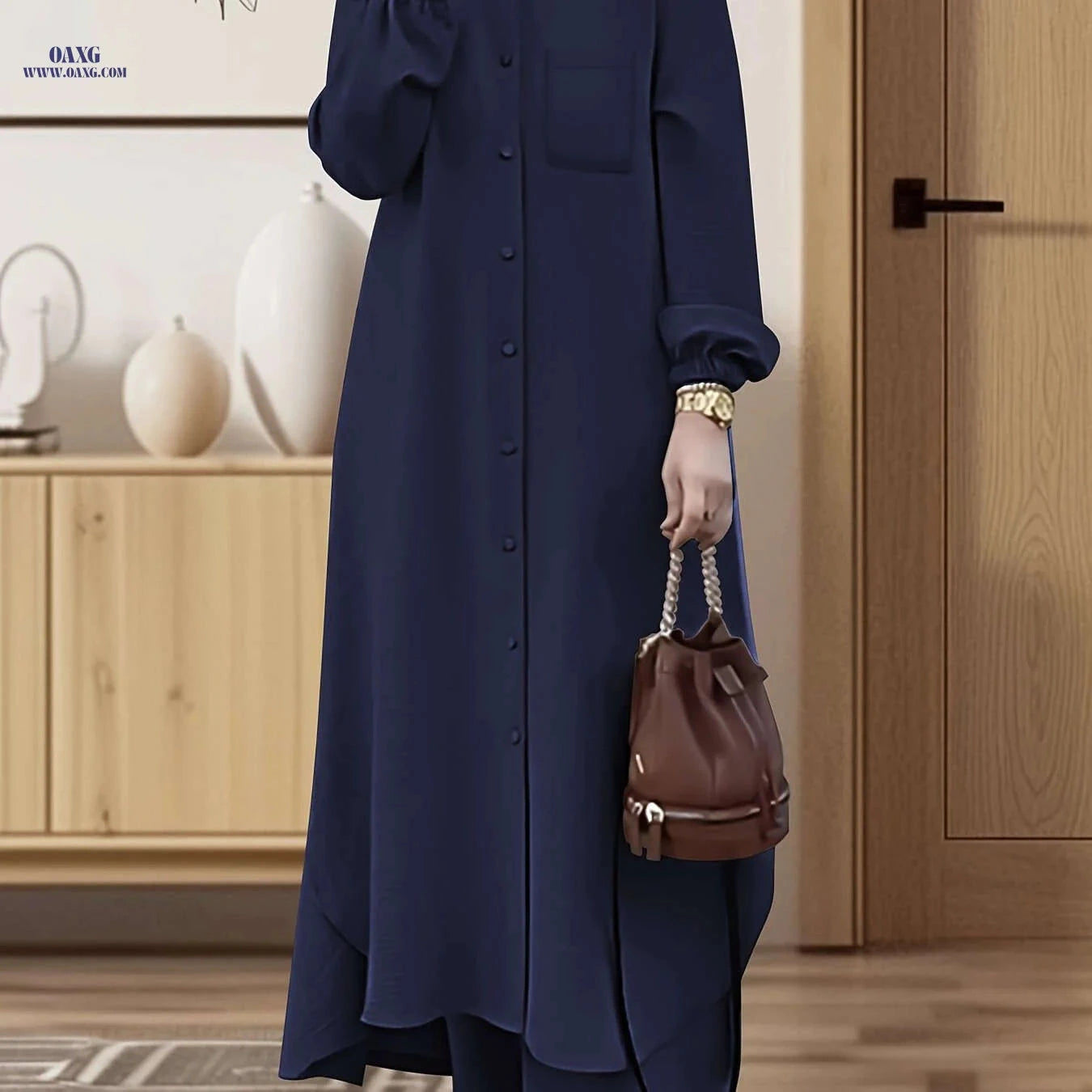 Elegant Two-Piece Abaya Set for Women - Long Sleeve, Wide-Leg Pants   OAXG 