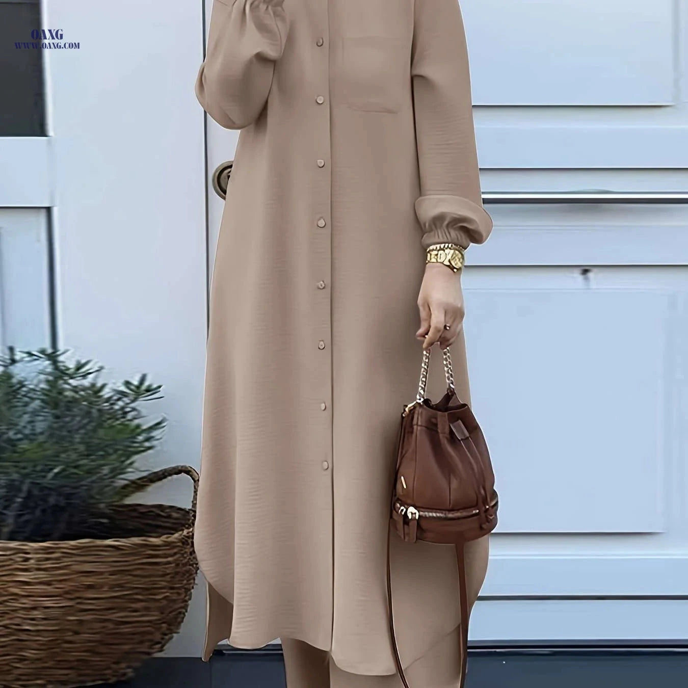 Elegant Two-Piece Abaya Set for Women - Long Sleeve, Wide-Leg Pants   OAXG 
