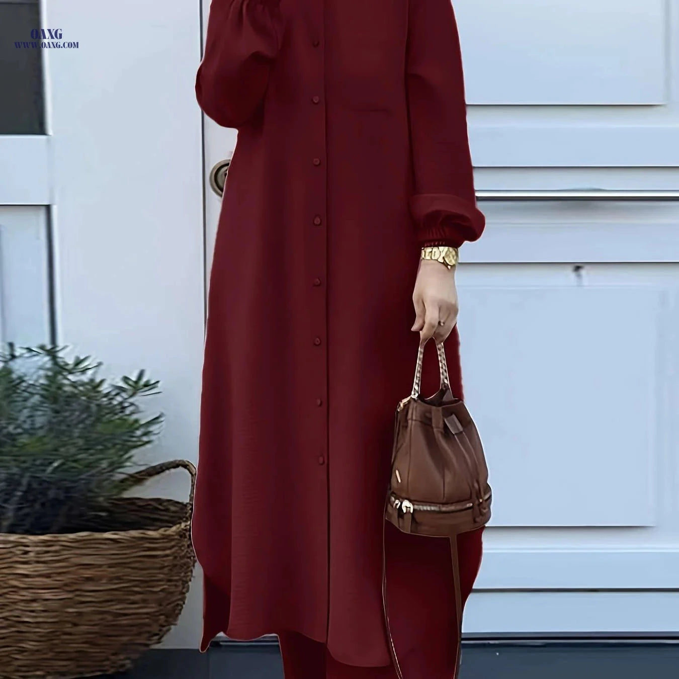 Elegant Two-Piece Abaya Set for Women - Long Sleeve, Wide-Leg Pants   OAXG 
