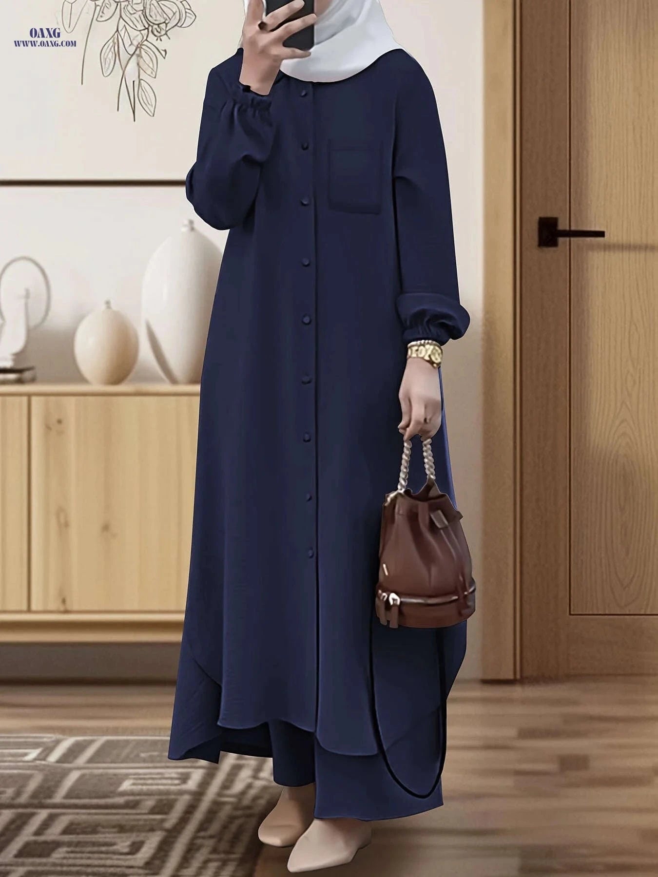 Elegant Two-Piece Abaya Set for Women - Long Sleeve, Wide-Leg Pants   OAXG 
