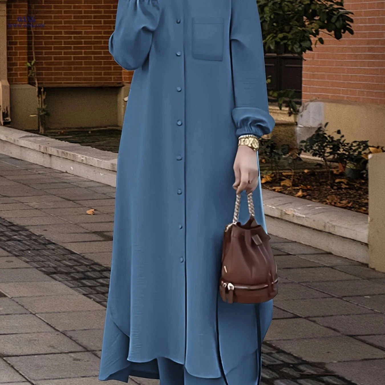 Elegant Two-Piece Abaya Set for Women - Long Sleeve, Wide-Leg Pants   OAXG 