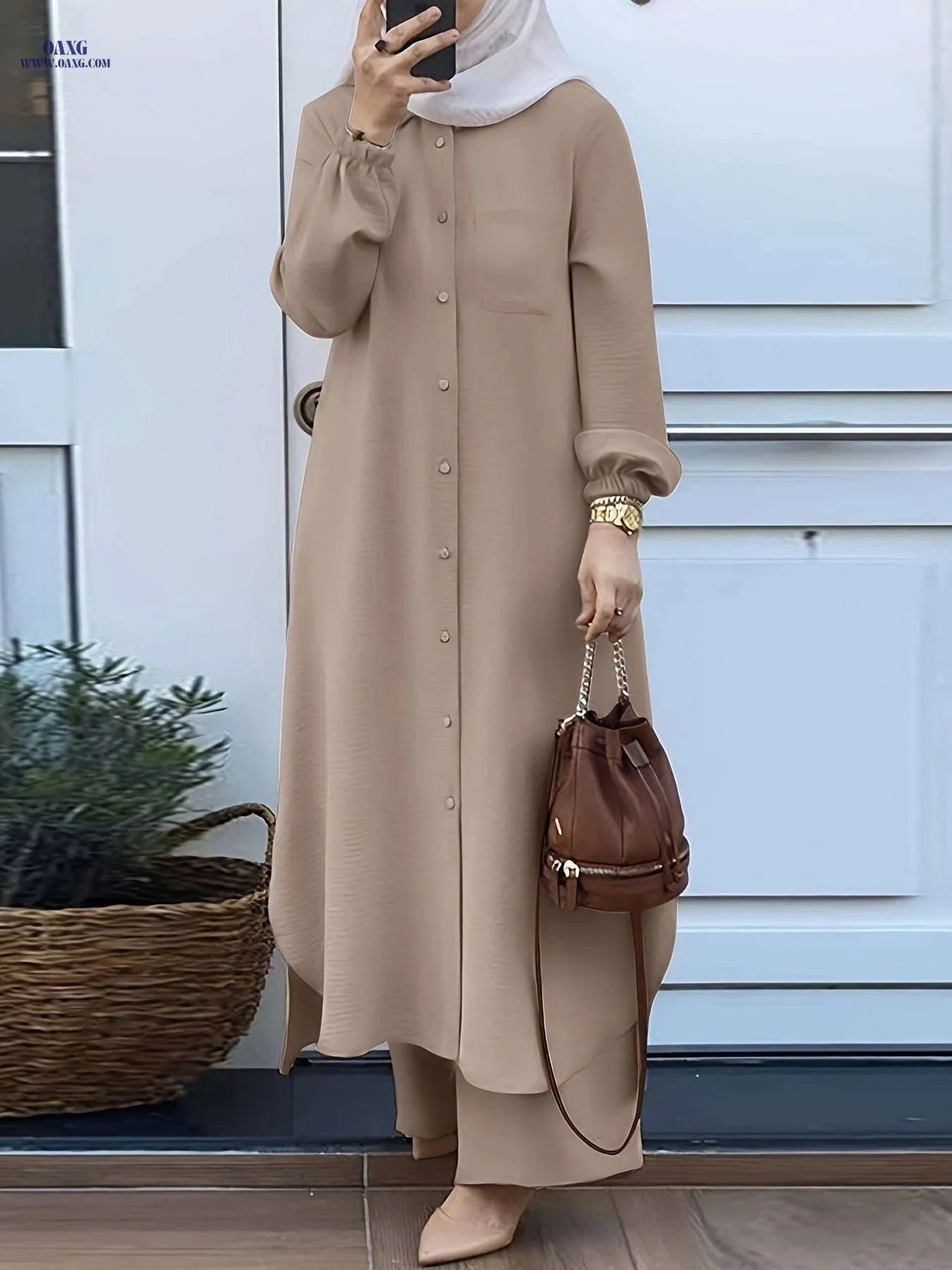 Elegant Two-Piece Abaya Set for Women - Long Sleeve, Wide-Leg Pants   OAXG 