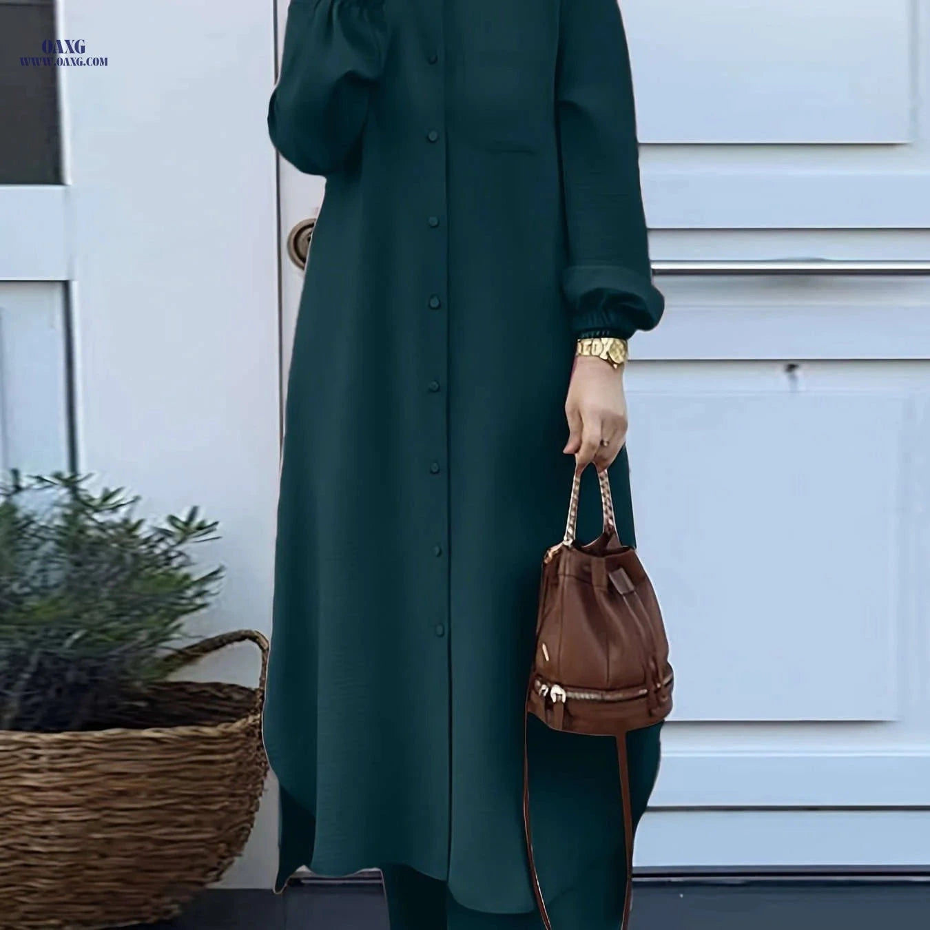 Elegant Two-Piece Abaya Set for Women - Long Sleeve, Wide-Leg Pants   OAXG Khaki / S