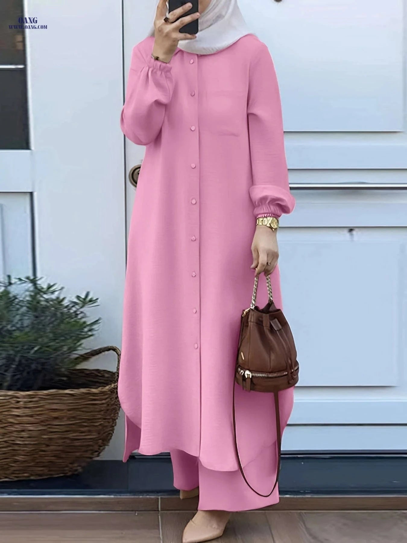 Elegant Two-Piece Abaya Set for Women - Long Sleeve, Wide-Leg Pants   OAXG Khaki / S