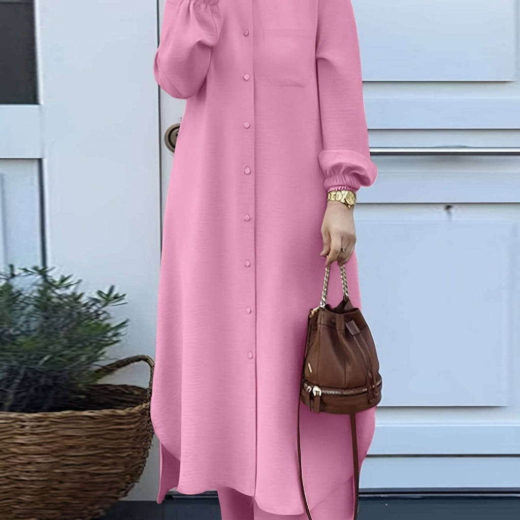 Elegant Two-Piece Abaya Set for Women - Long Sleeve, Wide-Leg Pants   OAXG 