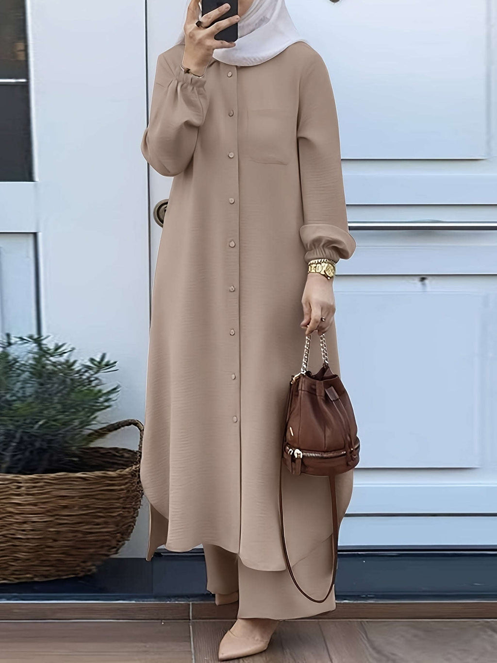 Elegant Two-Piece Abaya Set for Women - Long Sleeve, Wide-Leg Pants   OAXG 