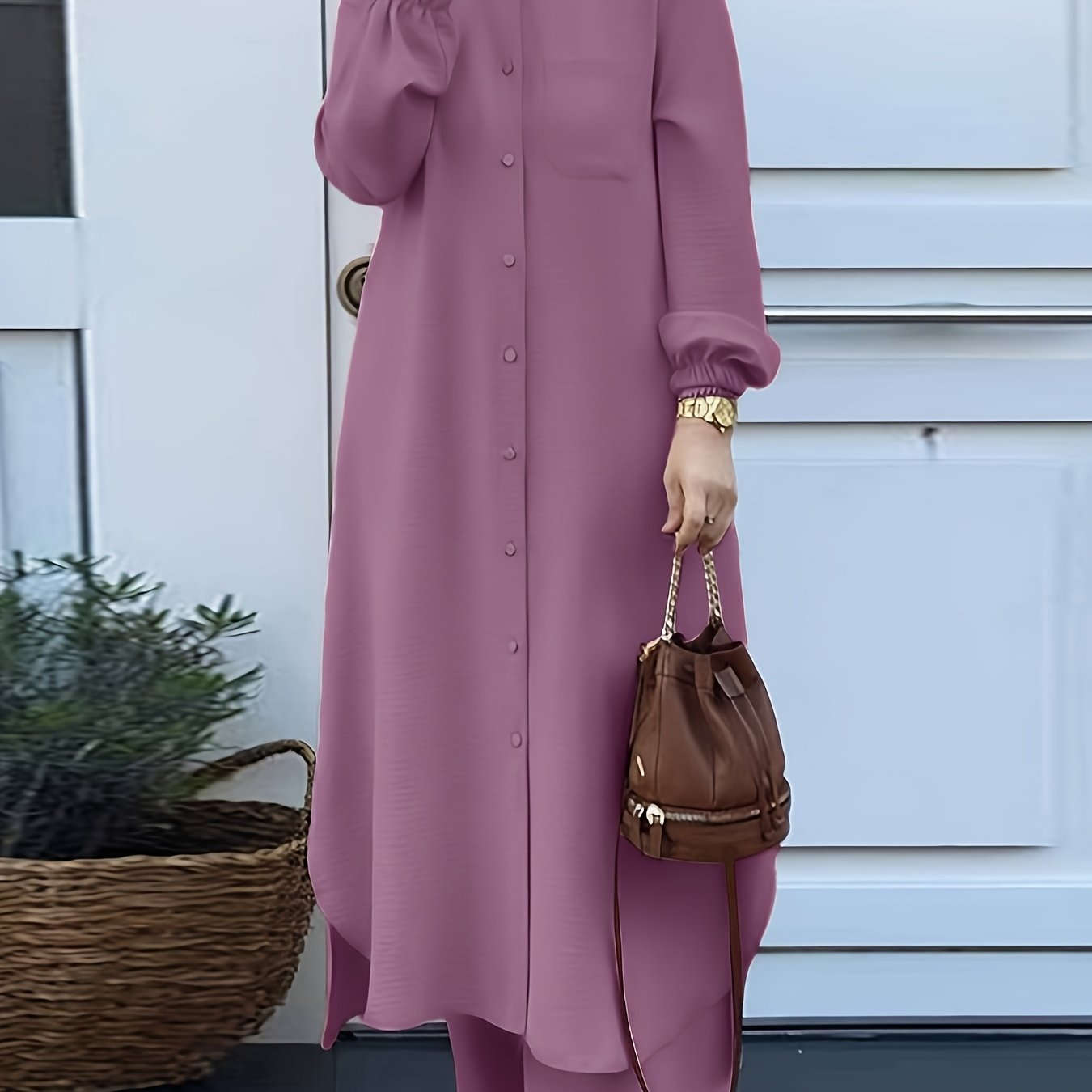 Elegant Two-Piece Abaya Set for Women - Long Sleeve, Wide-Leg Pants   OAXG 
