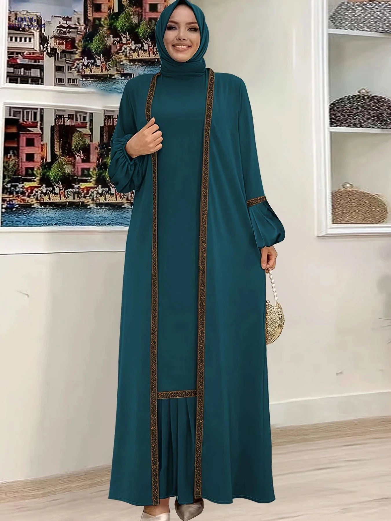 Elegant Two Piece Abaya Set - Ruffle Hem Tank & Lantern Sleeve Cardigan   OAXG 