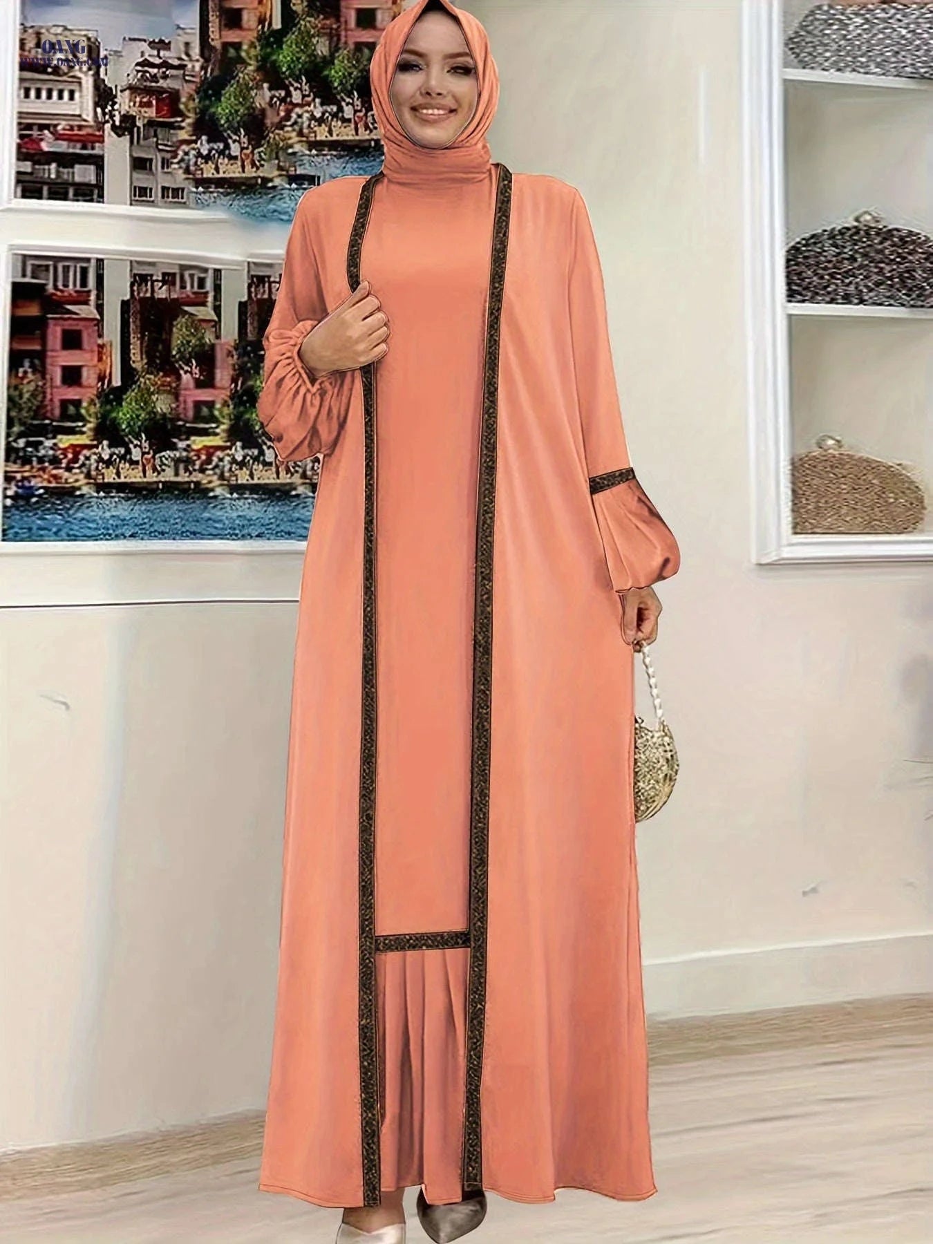 Elegant Two Piece Abaya Set - Ruffle Hem Tank & Lantern Sleeve Cardigan   OAXG 