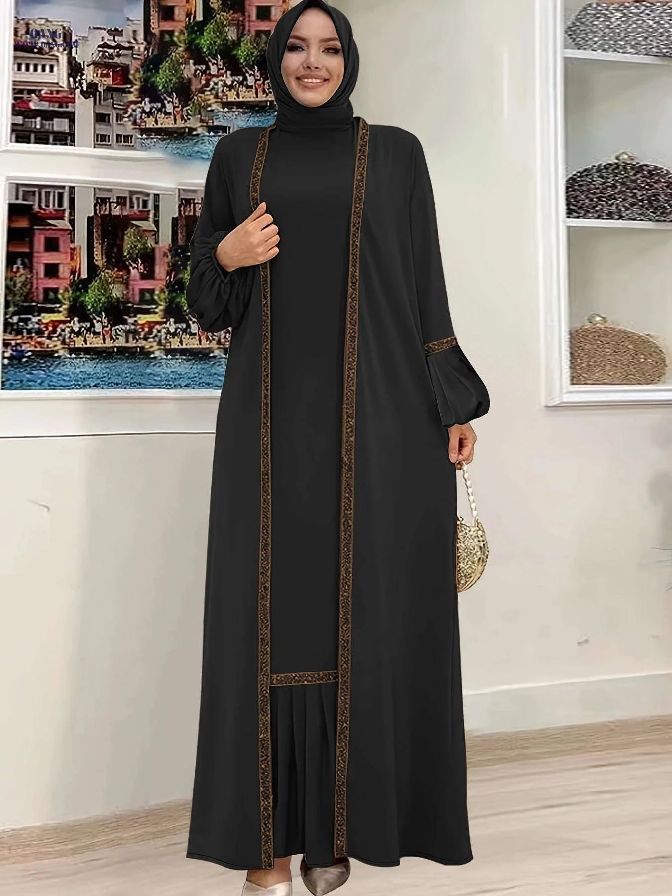 Elegant Two Piece Abaya Set - Ruffle Hem Tank & Lantern Sleeve Cardigan   OAXG Deep Peacock Blue / S