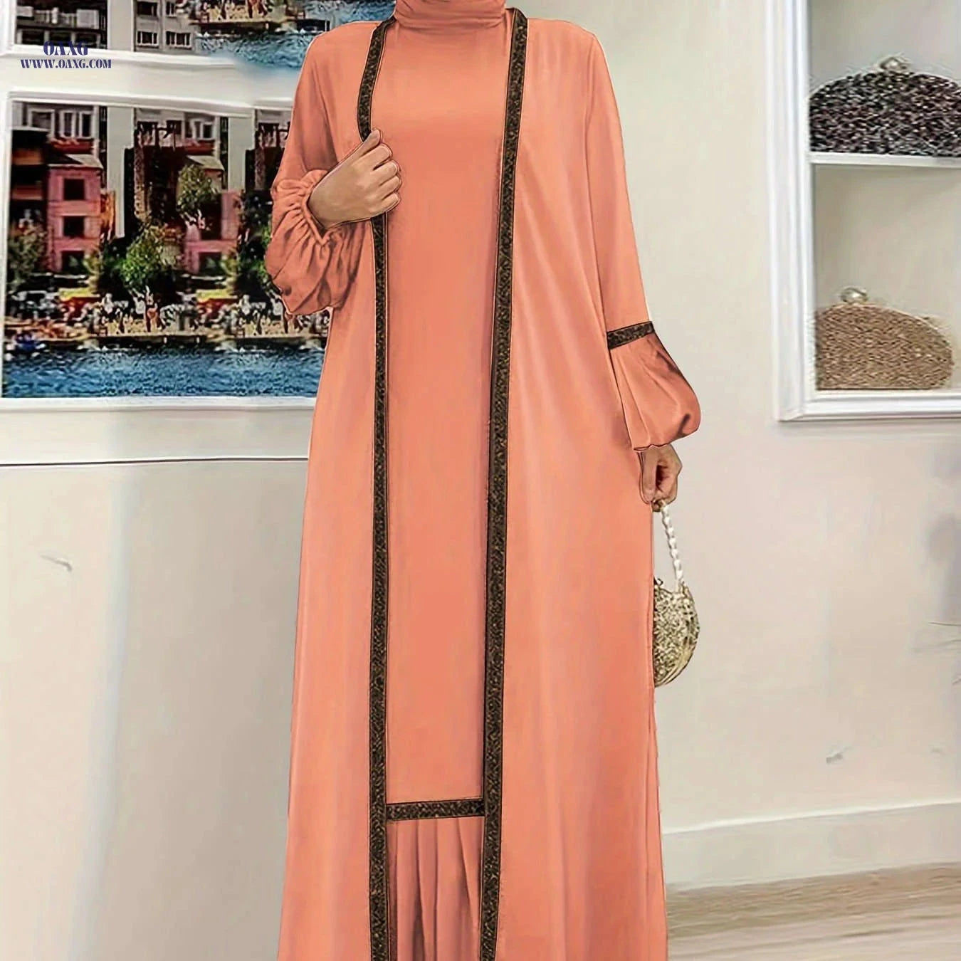 Elegant Two Piece Abaya Set - Ruffle Hem Tank & Lantern Sleeve Cardigan   OAXG 