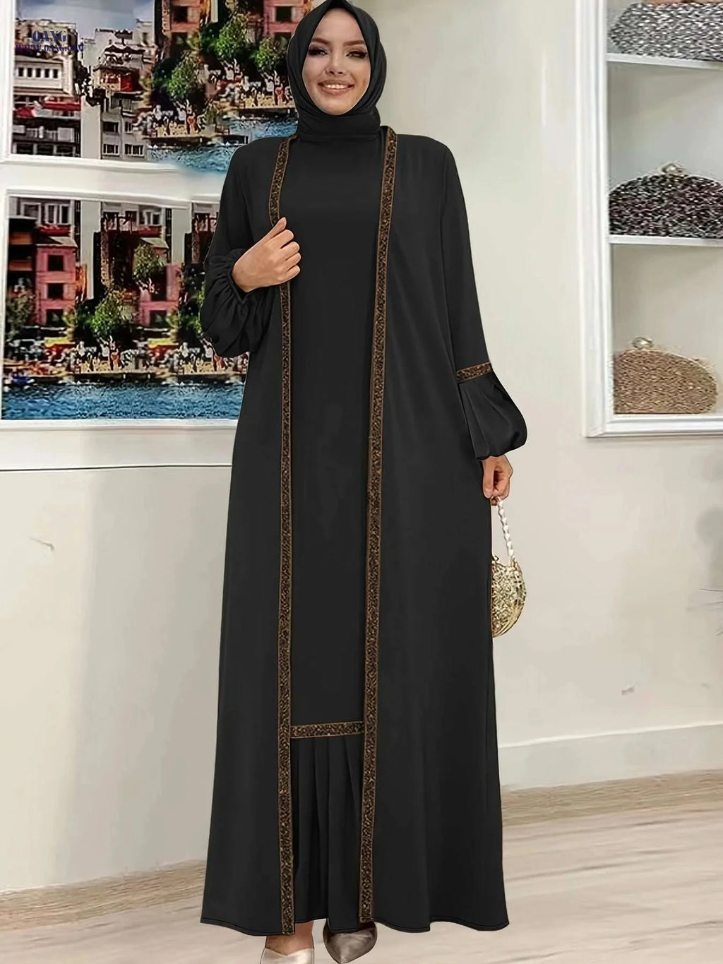 Elegant Two-Piece Abaya Set - Ruffle Tank Dress & Cardigan   OAXG Deep Peacock Blue / S