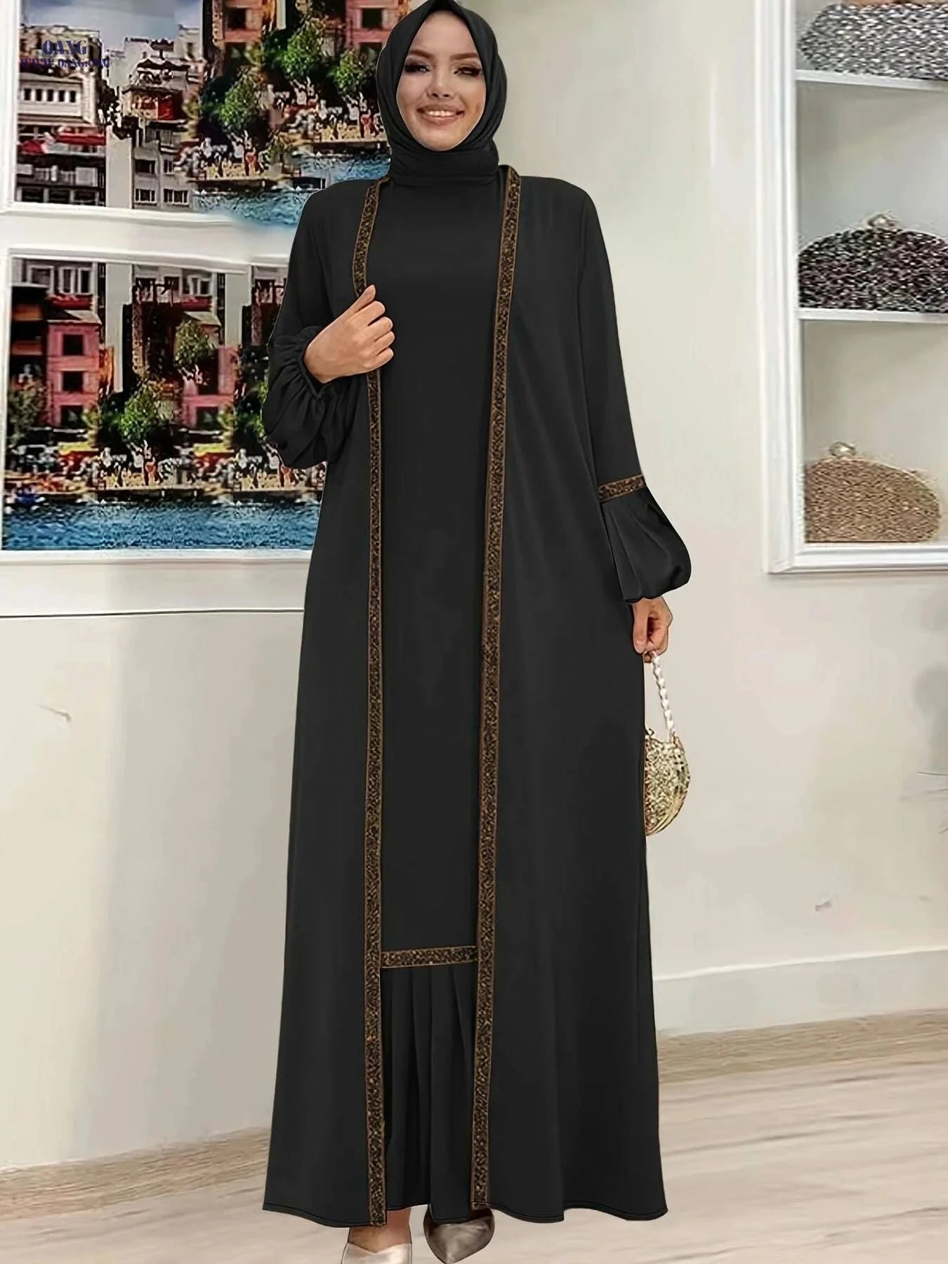 Elegant Two-Piece Abaya Set - Ruffle Tank Dress & Cardigan   OAXG Deep Peacock Blue / S