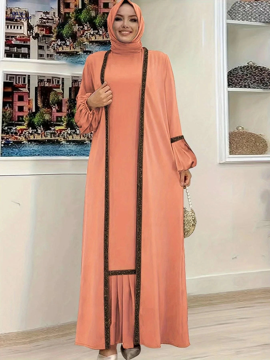 Elegant Two-Piece Abaya Set - Ruffle Tank Dress & Cardigan   OAXG Deep Peacock Blue / S