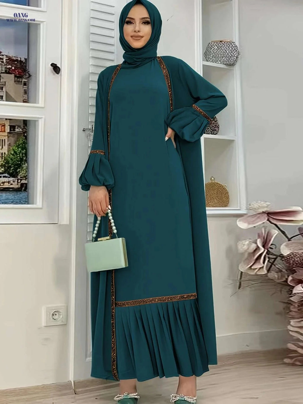 Elegant Two-Piece Abaya Set - Ruffle Tank Dress & Cardigan   OAXG Deep Peacock Blue / S