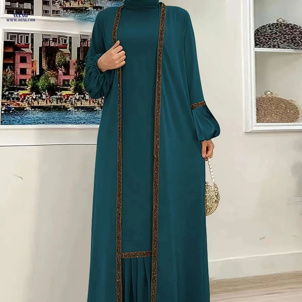Elegant Two-Piece Abaya Set - Ruffle Tank Dress & Cardigan   OAXG Deep Peacock Blue / S