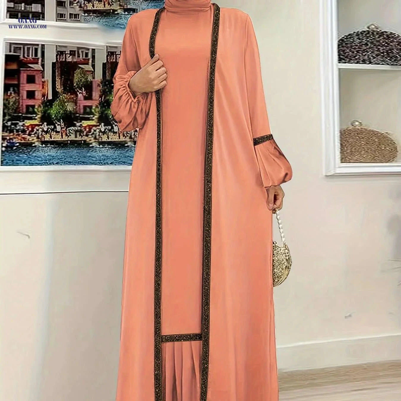 Elegant Two-Piece Abaya Set - Ruffle Tank Dress & Cardigan   OAXG 